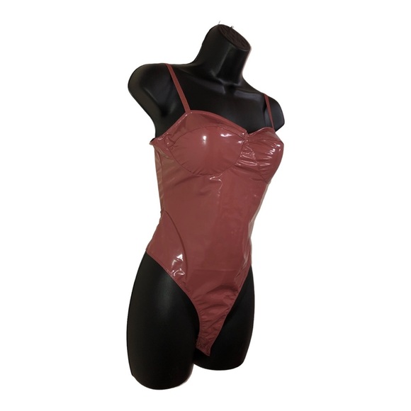Mauve brown Pleather glossy padded spaghetti strap bustier bodysuit size Large - Picture 1 of 15